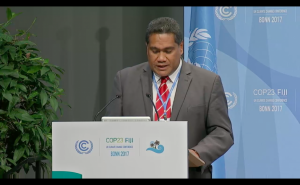 Delivering Tonga’s National Statement at COP23, Head of Delegation and CEO for MEIDECC, Mr. Paula Pouvalu Ma’u.