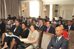 L-R Dr. Denny Lewis from the Commonwealth Secretariat in London, Mrs Ofa Kaisamy from the Kingdom of Tonga, Ms. Andrea Jacobs from Government of Antigua and CEO for Ministry of Environment Mauritius and officials during the opening ceremony