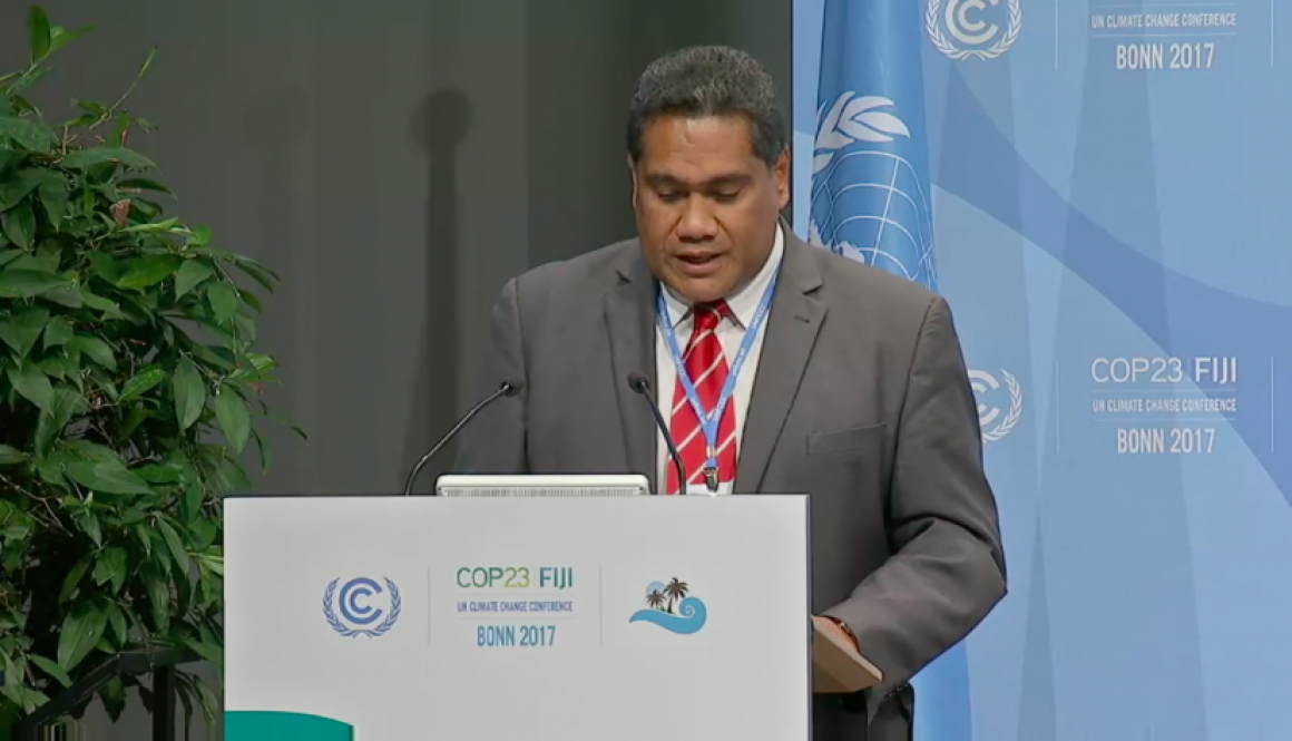 Delivering Tonga’s National Statement at COP23, Head of Delegation and CEO for MEIDECC, Mr. Paula Pouvalu Ma’u.
