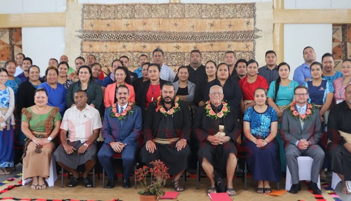 Representative from the USAID Climate Ready Project, Suva, Fiji, Mr. Noa Seru, Climate Change Specialist from the UNDP, Dr.Keith Bettinger, Acting CEO for MEIDECC and Director for Meteorology, Mr. ‘Ofa Fa’anunu, Reverend Tu’inauvai ‘Asaeli and Director for Climate Change Mrs. Lu’isa Tu’i’afitu Malolo, Dr. Ryan Longman and the participating members of the Project Preparation Training for Climate Change Adaptation at Free Weslyan Church Hall, Fanga ‘o Pilolevu