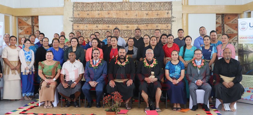 Representative from the USAID Climate Ready Project, Suva, Fiji, Mr. Noa Seru, Climate Change Specialist from the UNDP, Dr.Keith Bettinger, Acting CEO for MEIDECC and Director for Meteorology, Mr. ‘Ofa Fa’anunu, Reverend Tu’inauvai ‘Asaeli and Director for Climate Change Mrs. Lu’isa Tu’i’afitu Malolo, Dr. Ryan Longman and the participating members of the Project Preparation Training for Climate Change Adaptation at Free Weslyan Church Hall, Fanga ‘o Pilolevu